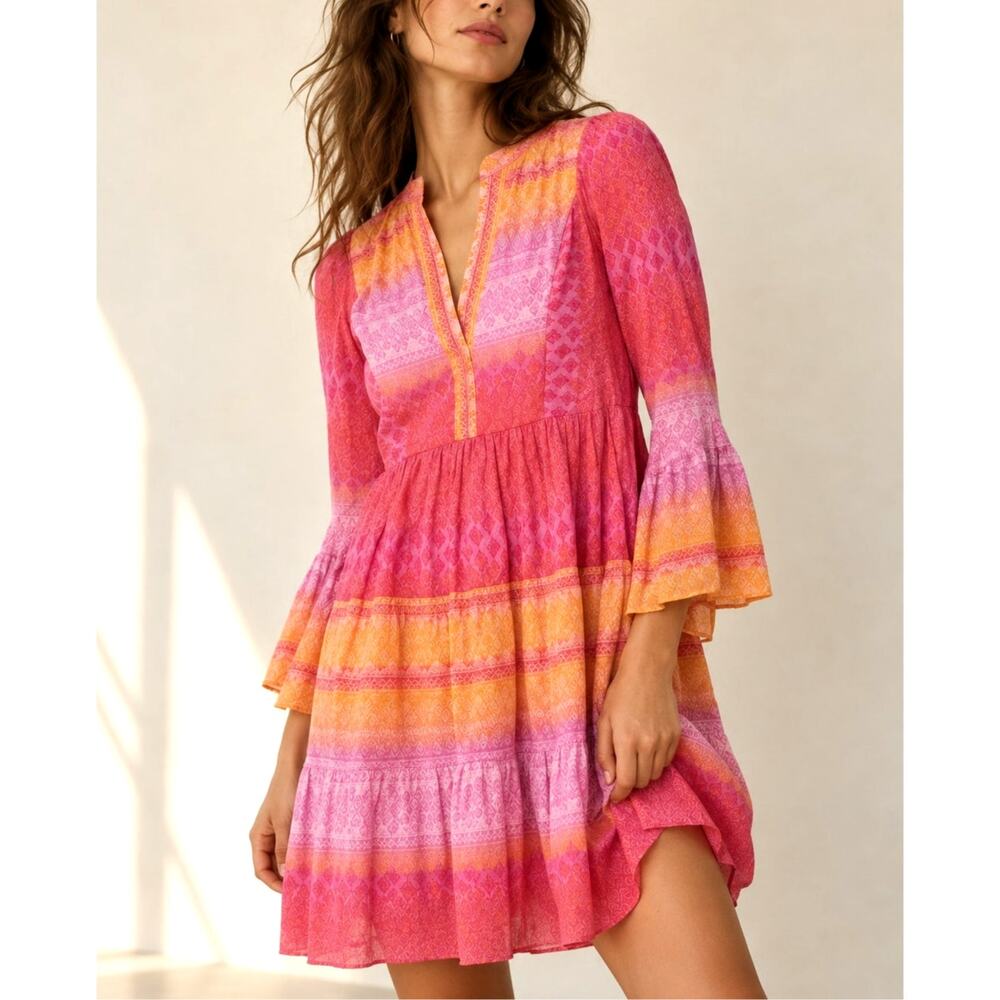 Hale Bob Pink & Orange Marin Voile Mini Dress Size Medium NWT New Vacation Beach